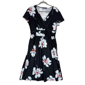 OUGES Dress Womens M Black Floral Wrap V Neck Fit & Flare Short Sleeve